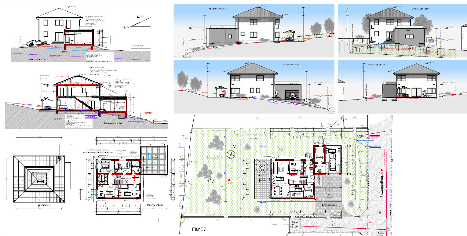 Architekturpläne eines Hauses: Grundrisse, Schnitte, Außenansichten und Lageplan.