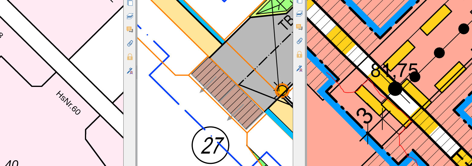 Architekten-Grundriss mit farbigen Linien, Raumaufteilung und Nummern