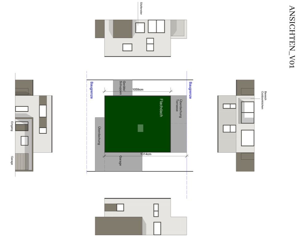 Architekturplan mit Grundriss, Seitenansichten und Gartenbereich eines Hauses.