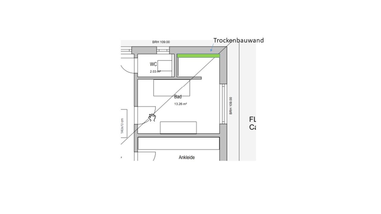 Grundriss eines Innenraums mit Bad, WC und Ankleide; grün markierte Trockenbauwand.