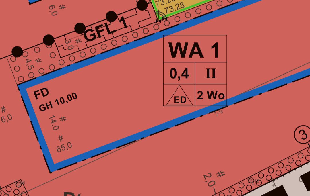 Roter Grundrissabschnitt mit blauer Grenzlinie, Bezeichnungen wie WA 1, ED, 2 Wo.