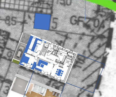 Grundrissplan eines Hauses auf Kartenhintergrund mit Blaupause und Overlays