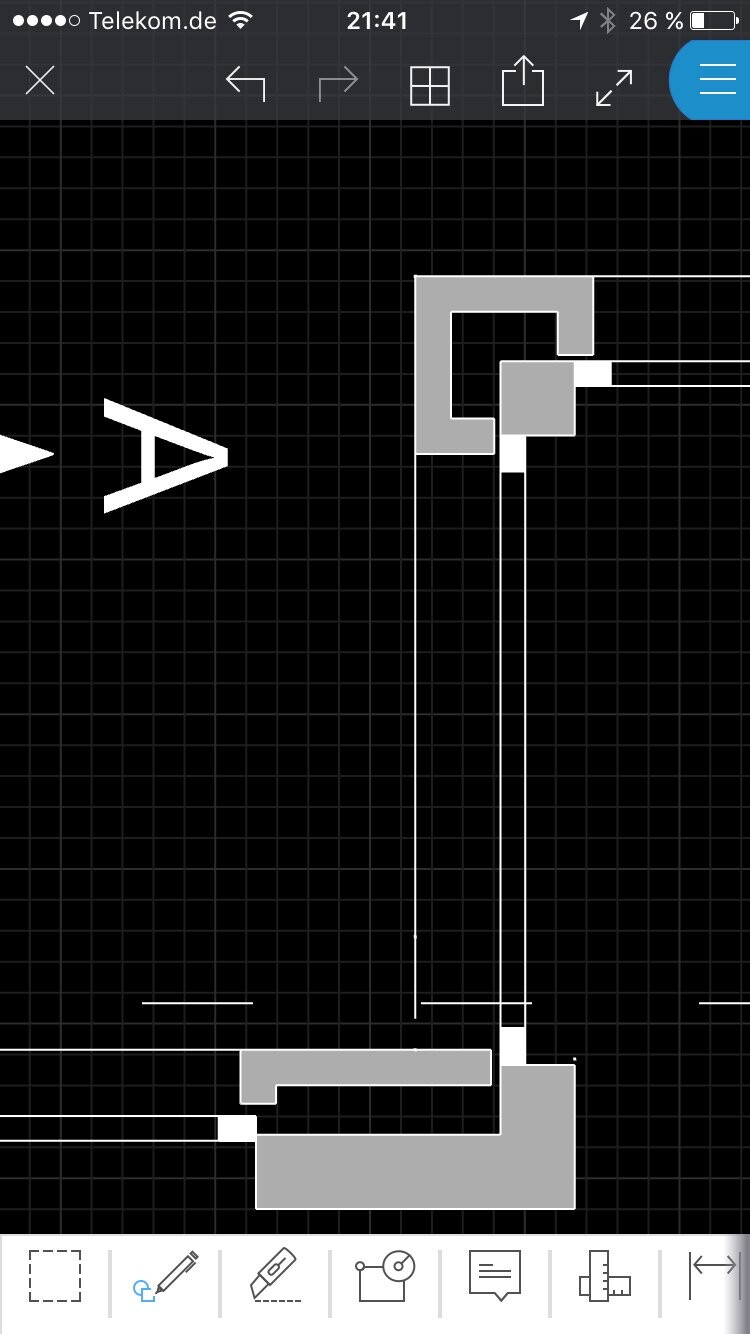 2D CAD-Grundrissplan mit Wänden und Linien auf schwarzem Raster