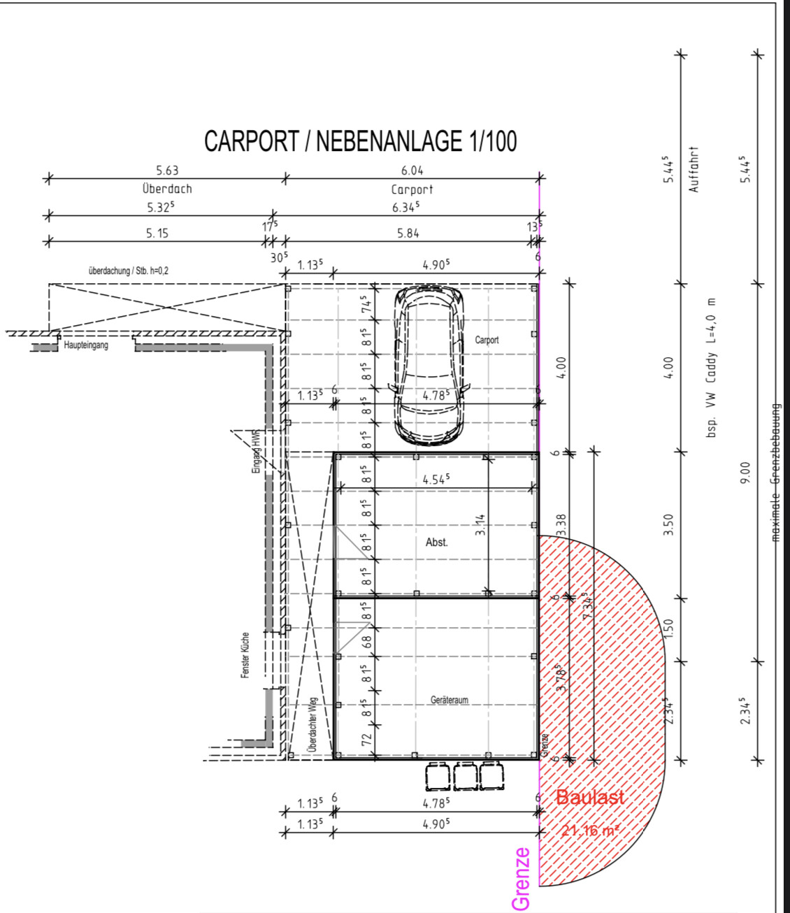 Grundriss: Carport/Nebenanlage mit Eingängen, Grenze, Baulast, Maßangaben (1:100).