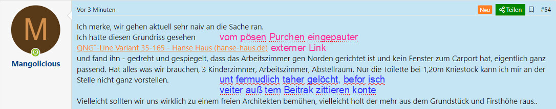 Screenshot eines Chats: Profilavatar M, blauer Hintergrund, Text zum Grundriss und Räumen.