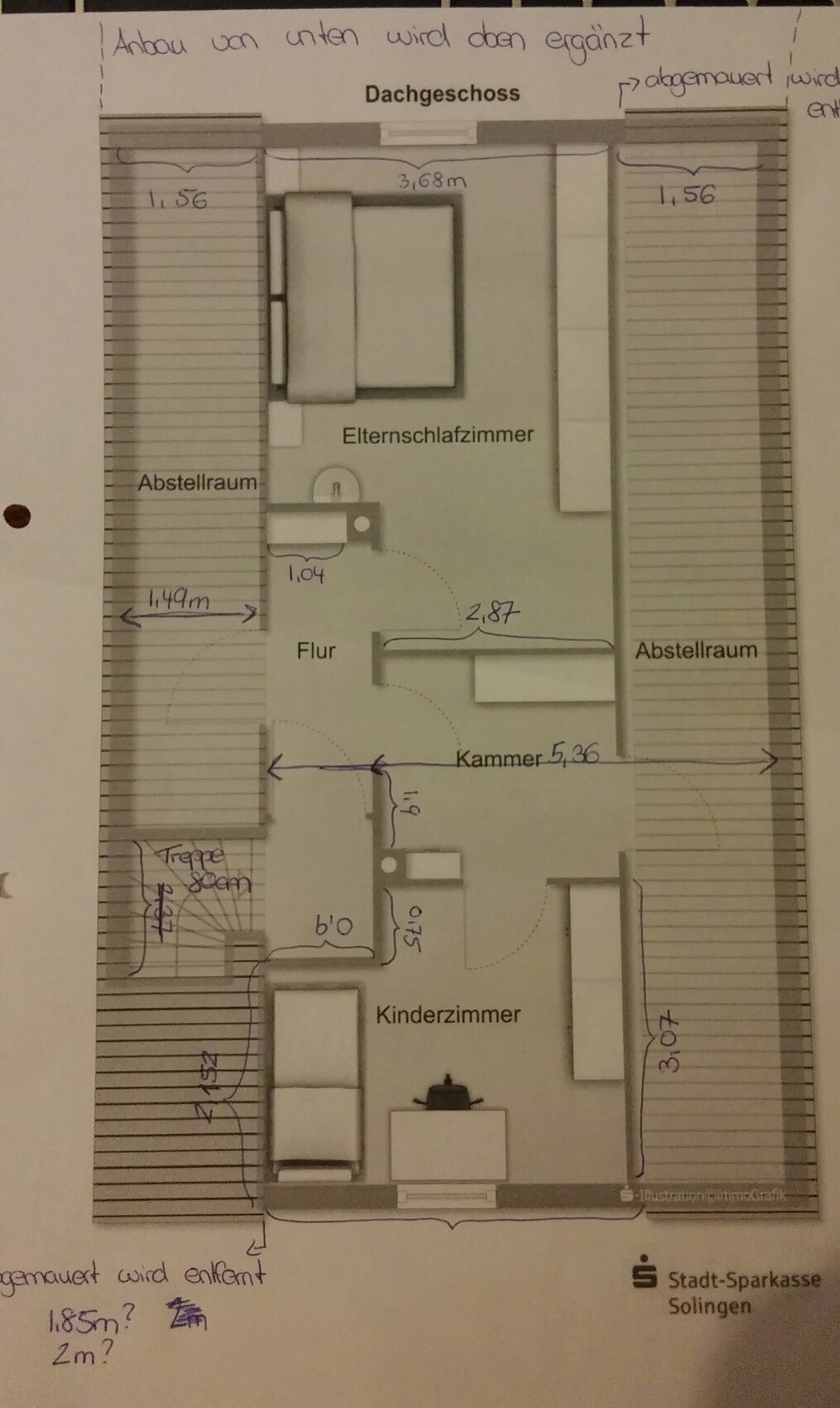 Grundriss eines Dachgeschosses mit Elternschlafzimmer, Kinderzimmer, Flur und Abstellräumen