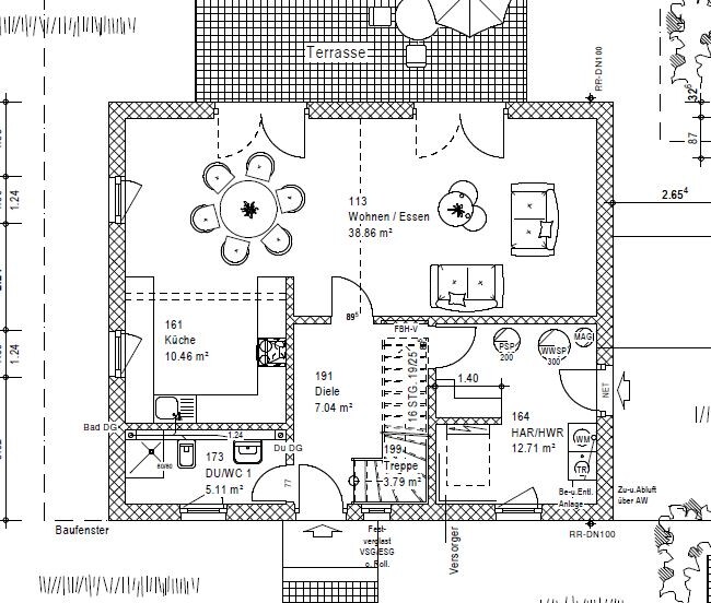 Grundriss eines Apartments: Wohnzimmer mit Sofa und Esstisch, Küche, Diele, Bad, Terrasse.