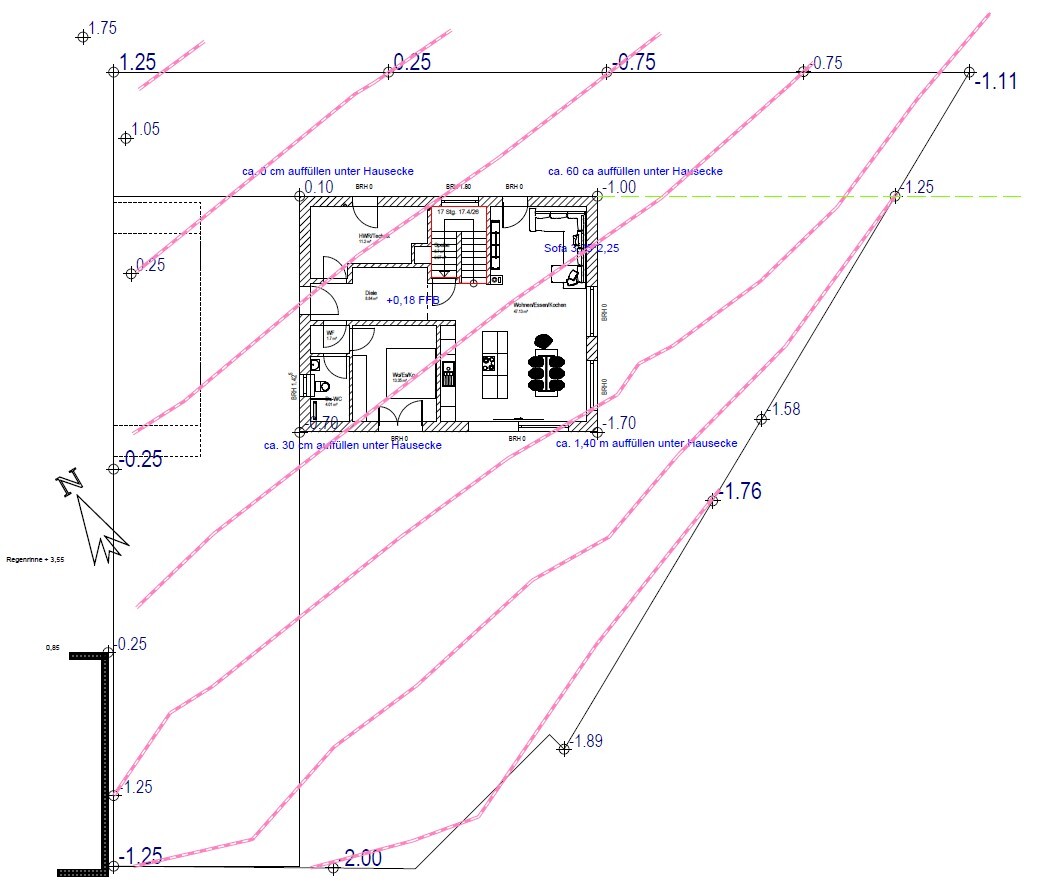 Grundriss eines Hauses mit Wohnküche, Sofa, Esstisch, Treppe und pinken Konturlinien.