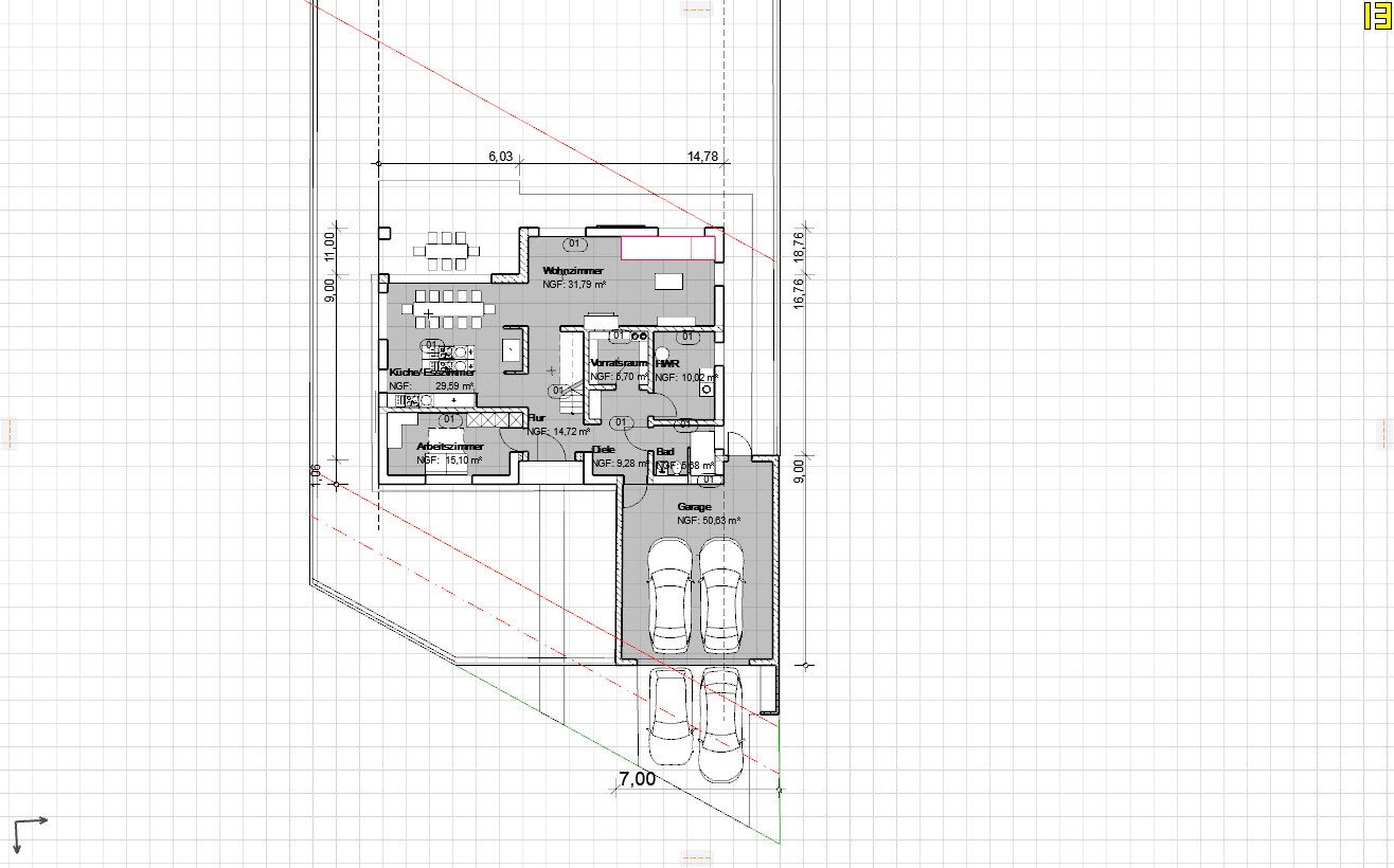 Grundriss eines Hauses mit Wohnzimmer, Küche, Arbeitszimmer, Bad, Diele und Garage.