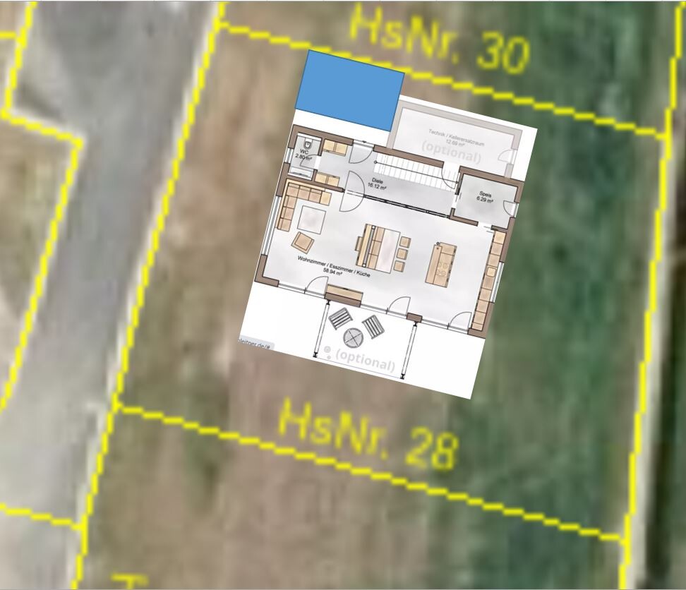 Grundriss eines Hauses über einem Satellitenbild mit gelben Grenzlinien (HsNr 30).