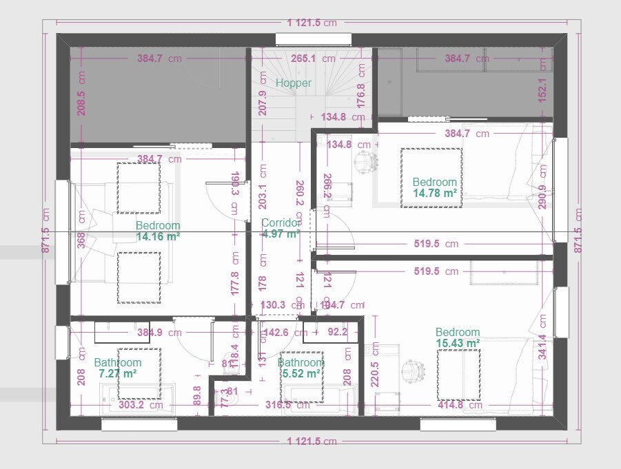 Grundriss eines Apartments mit 3 Schlafzimmern, 2 Bädern und Flur.