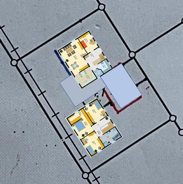 Zwei Wohnungsgrundrisse liegen auf einem Bauplan, blaue Flächen markieren Bereiche.