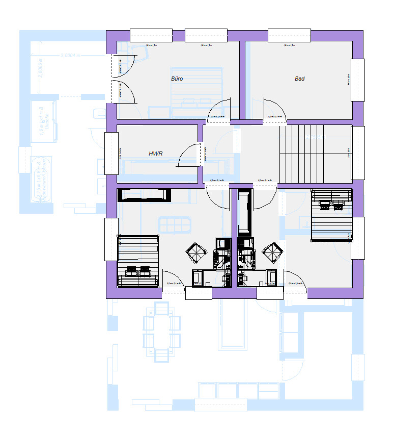 Grundriss eines Hauses mit Büro, Bad, HWR, Treppenhaus und farblich hervorgehobenen Wänden.