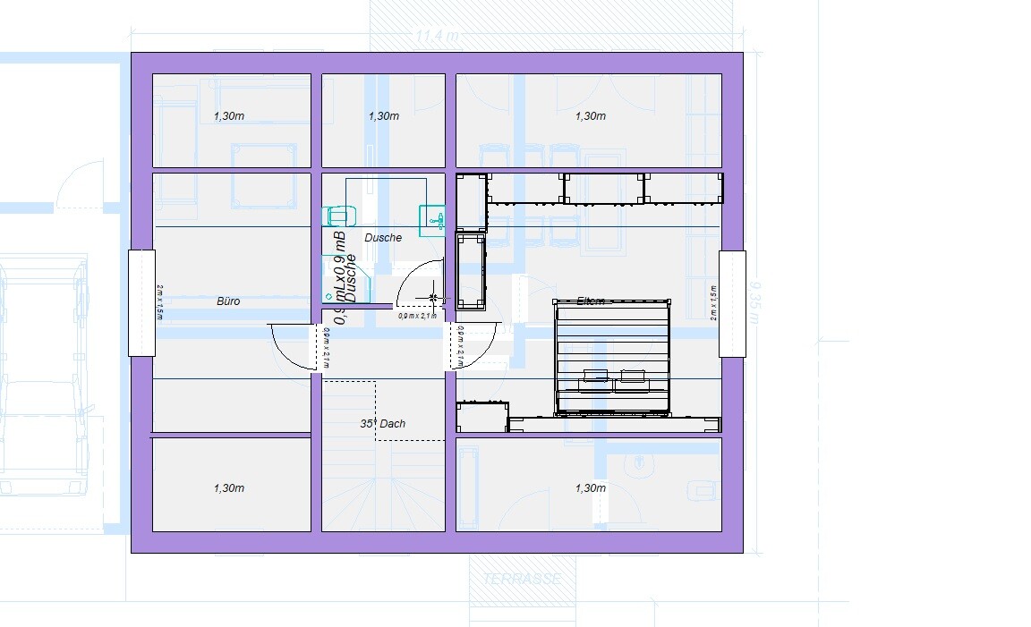 Grundriss eines Innenraums mit Büro, Elternzimmer, Dusche und Terrasse.