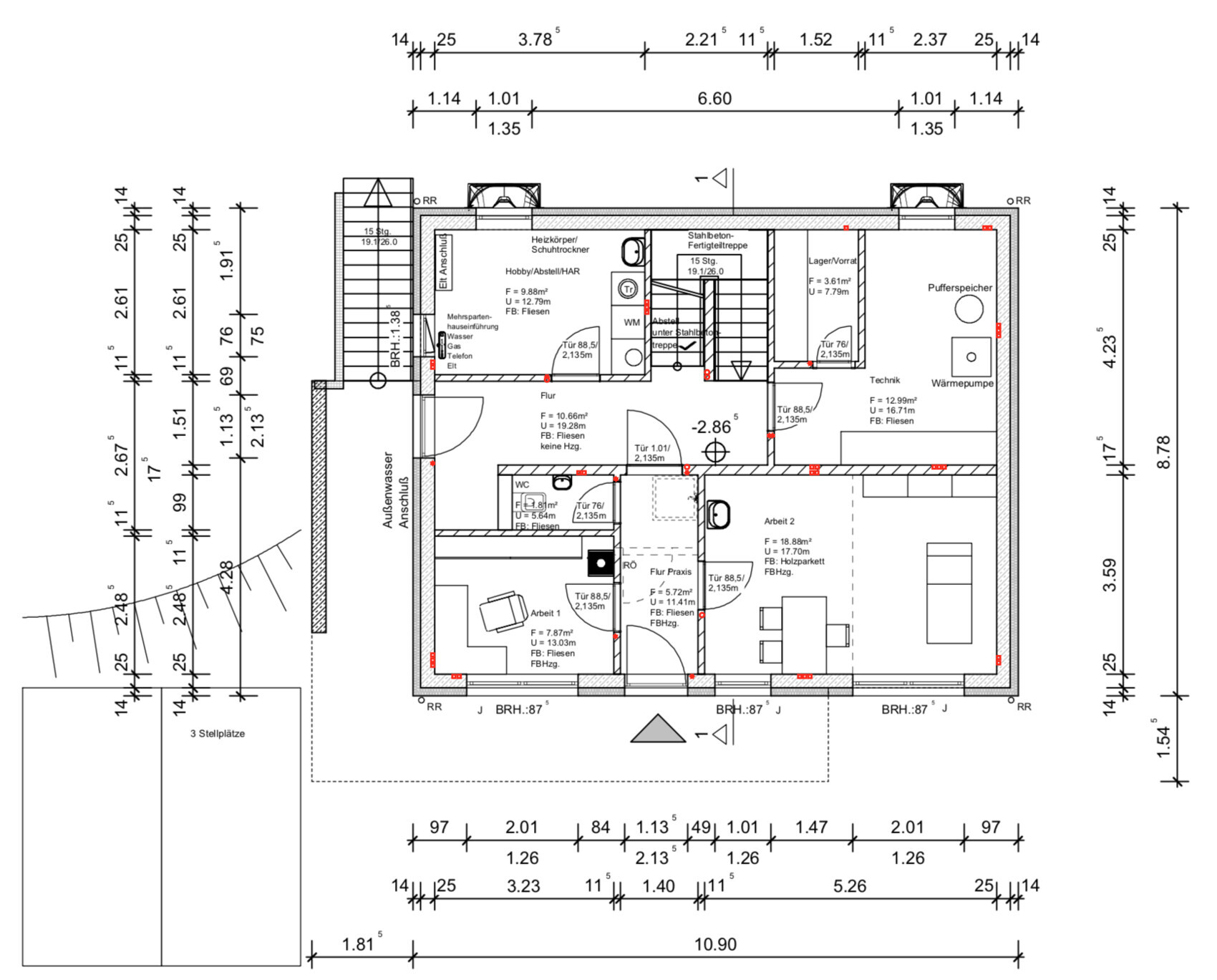 Detaillierter 2D-Grundrissplan eines Hauses mit Zimmern und Maßen