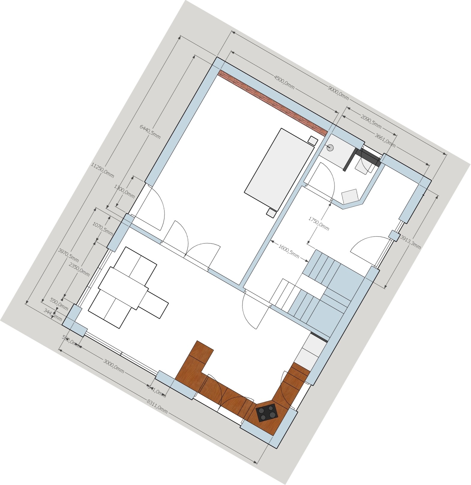 Architektur-Grundriss eines Hauses: Küche mit L-förmiger Arbeitsplatte, Essbereich, Türen und Treppe.