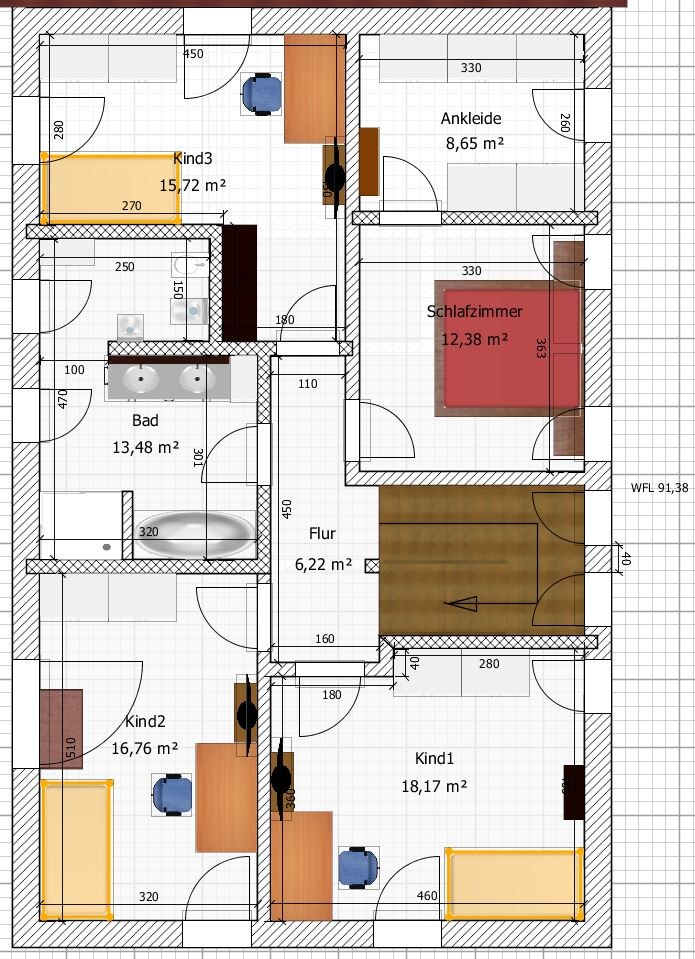Grundriss einer Wohnung: Flur, Bad, Schlafzimmer, Ankleide, 3 Kinderzimmer.