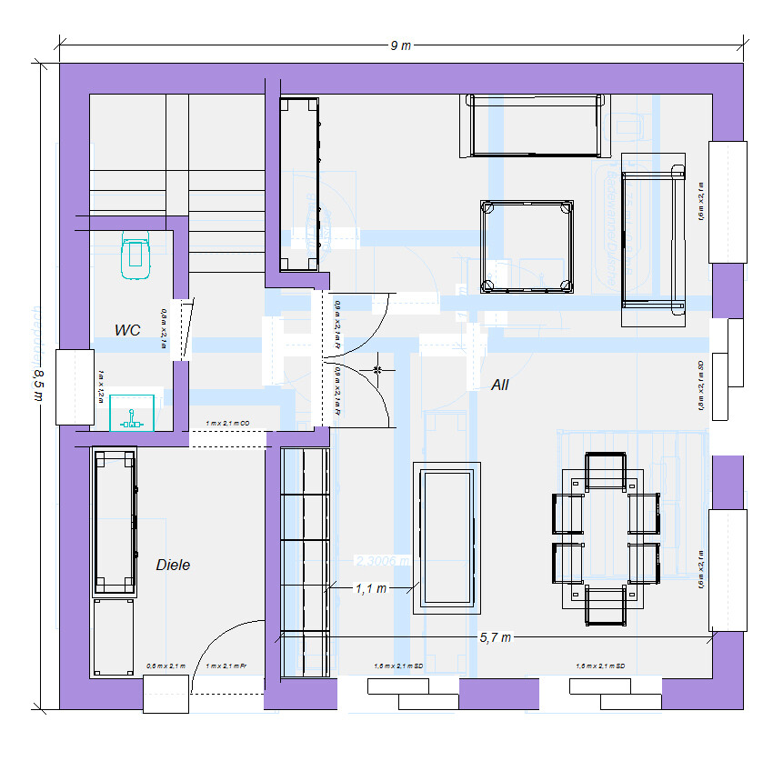 Grundriss eines Wohn- und Esszimmers mit Diele, WC, Esstisch, Stühlen, Sofa und Treppe.