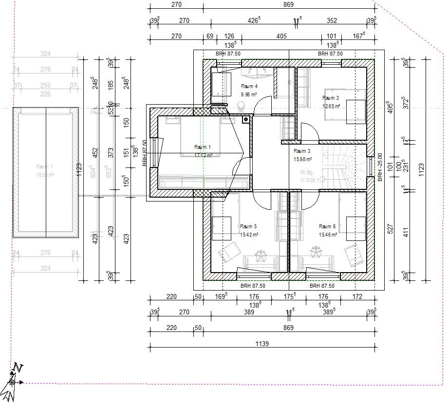 Architekturlayout: Grundriss eines Gebäudes mit Raum 1 bis 6, Treppen, Türen und Maßen.