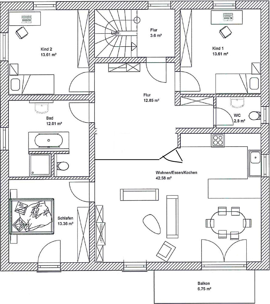 Großes Grundrisslayout eines Hauses: Wohnzimmer, Küche, Schlafzimmer, Bad, Balkon