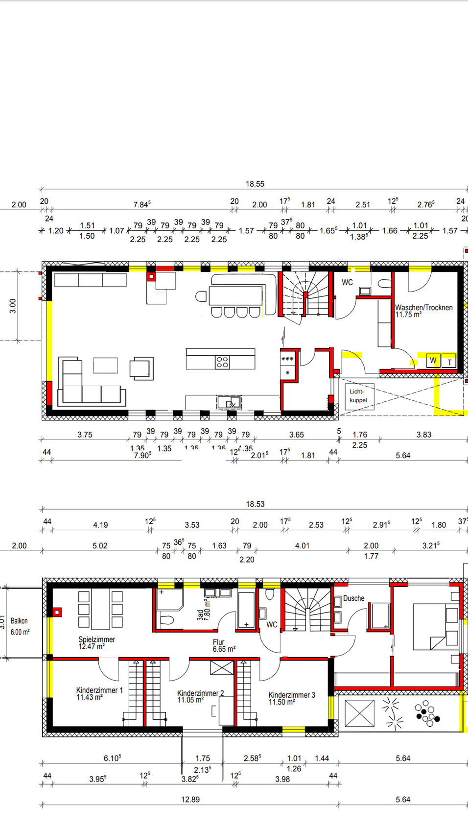 Zweigeschossiger detaillierter Grundriss eines Wohnhauses mit Räumen, Treppen und Sanitärbereichen.