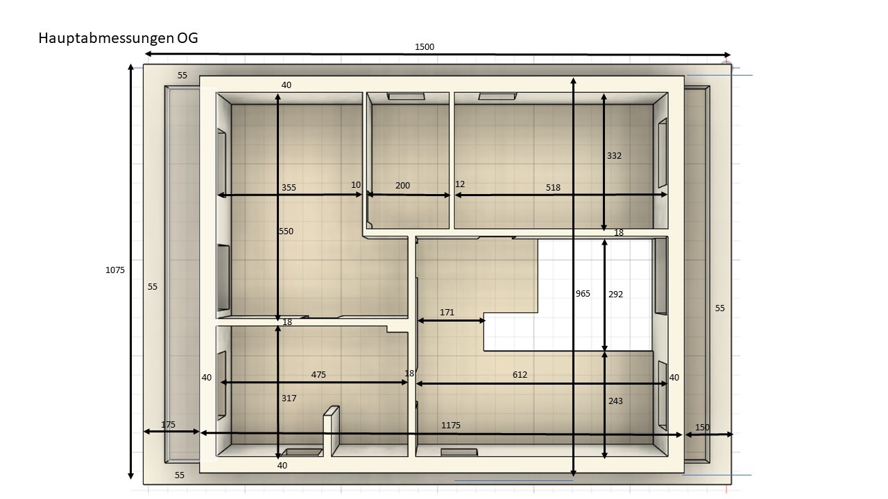 2D-Grundrissplan eines Hauses mit Innenwänden, Türen und Abmessungen