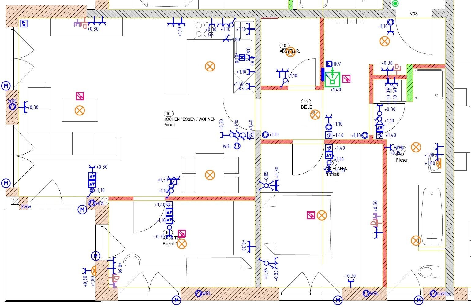 Grundriss eines Wohnraums mit Küche/Essbereich/Wohnzimmer, Flur und Bad.