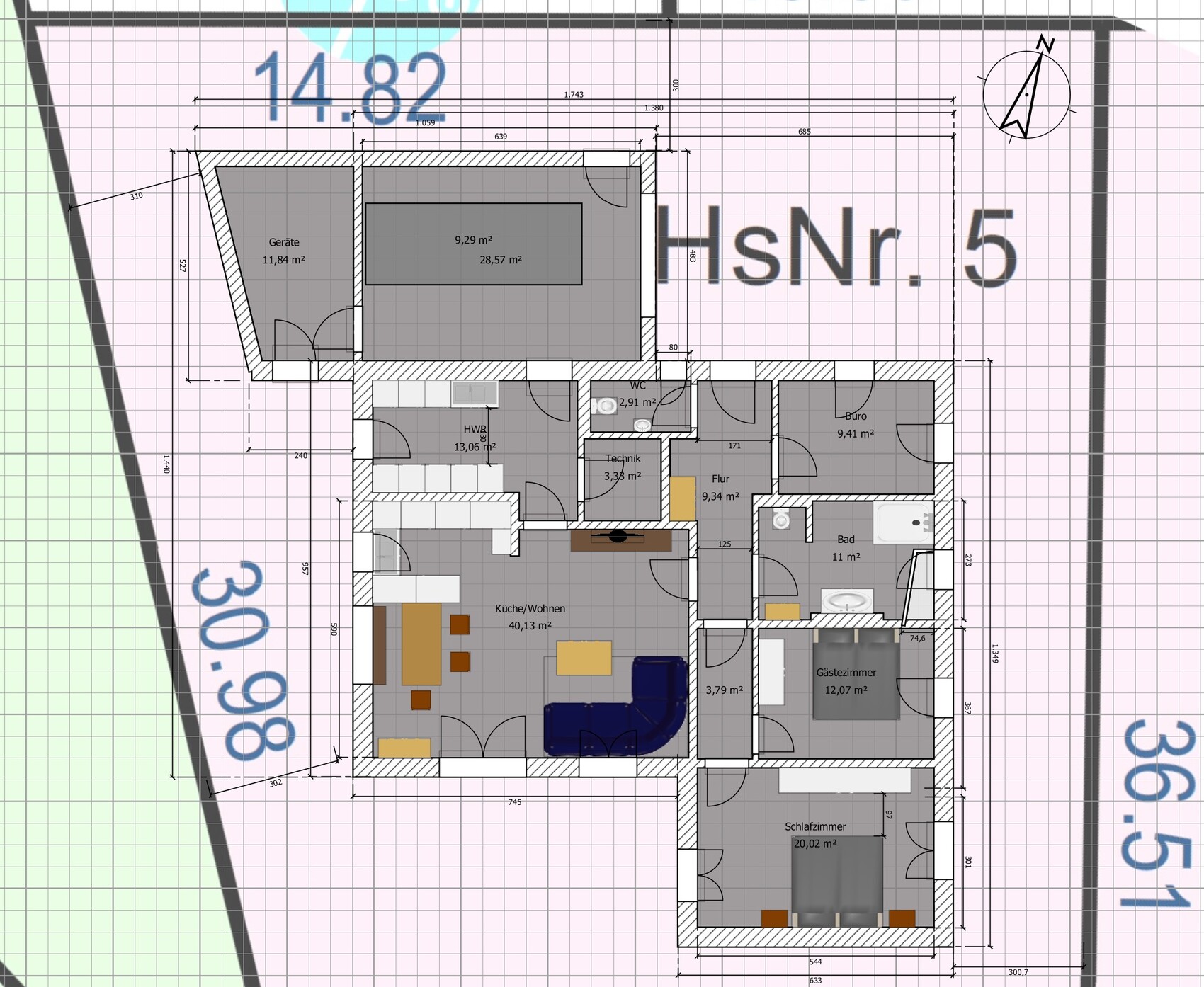 Grundriss eines Hauses mit Küche/Wohnen, Schlafzimmer, Gästezimmer, Bad, Büro, Flur und Technik.