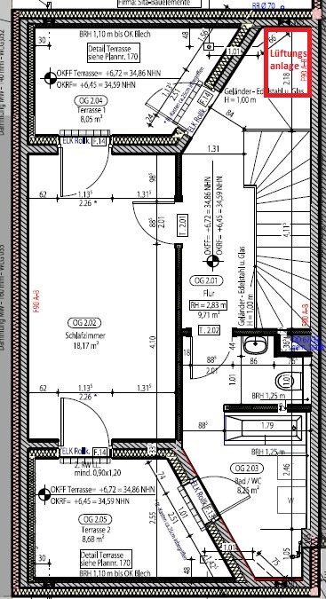 Grundriss eines Obergeschosses mit Schlafzimmer, Flur, Terrasse, Bad, Lüftungsanlage