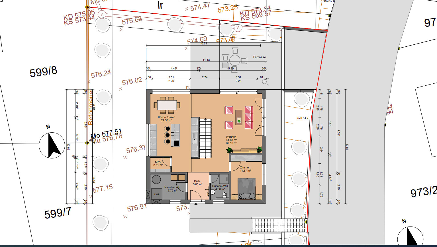 Grundriss eines Hauses mit Küche, Essen, Wohnzimmer, Schlafzimmer, Diele, Bad und Terrasse.