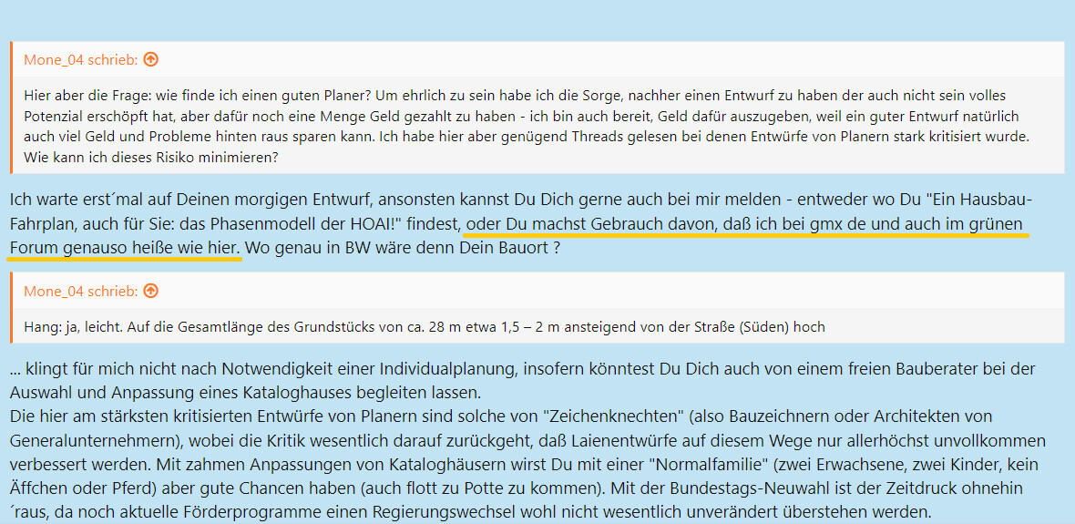 Screenshot eines Forums zur Bauplanung mit blauen Textfeldern und orangenen Akzenten.