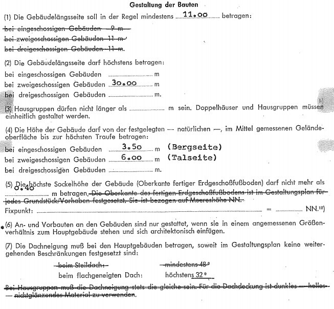 Gestaltungsplan Bau: Formular mit Längen- und Höhenangaben für Gebäude.