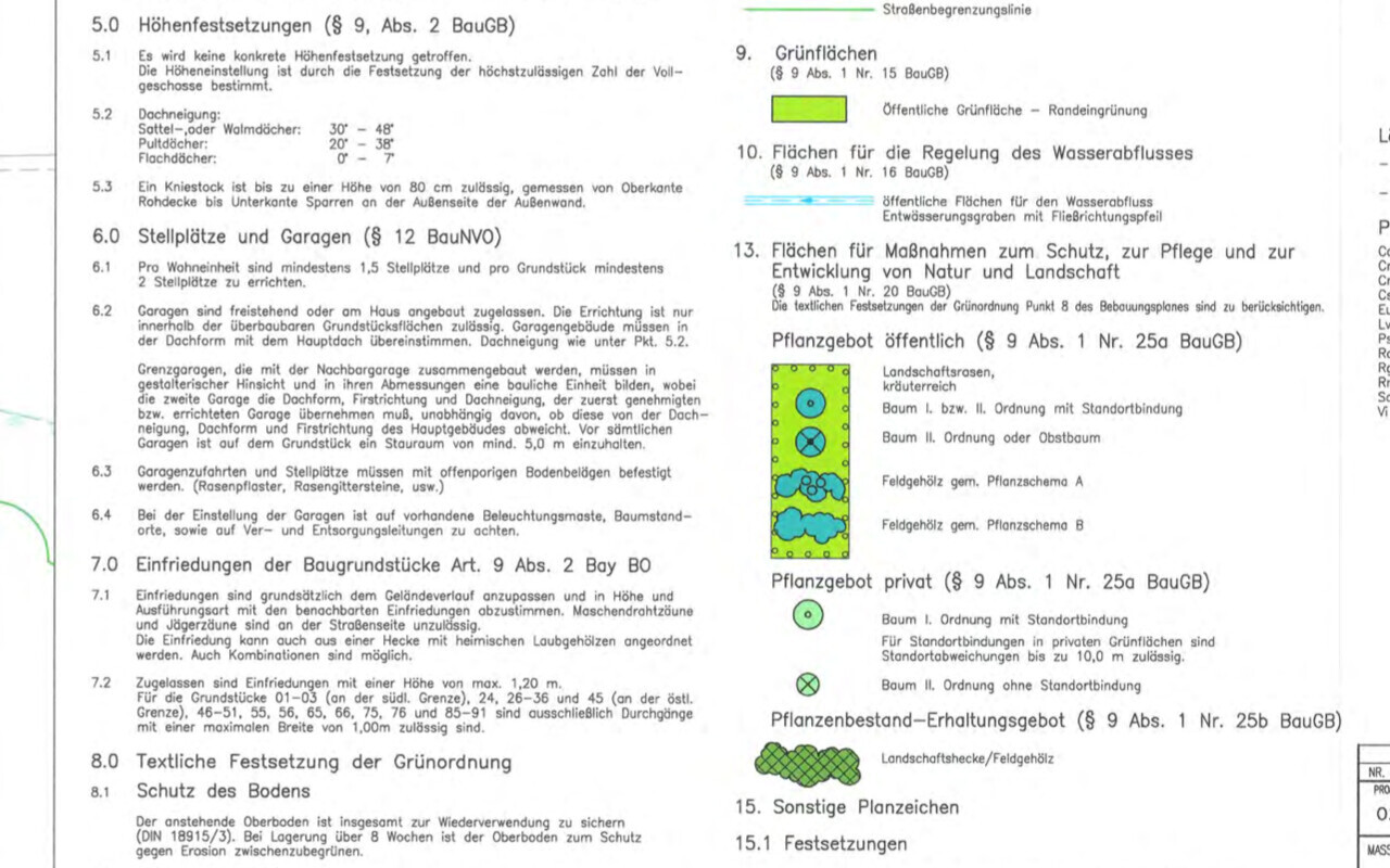 Seite aus Bauplan mit Text und Farbsymbolen für Grünflächen und Pflanzenflächen.