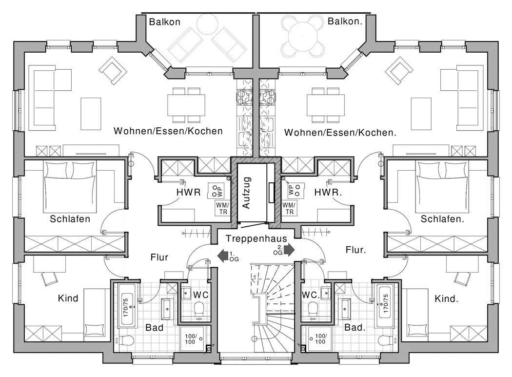 Grundriss eines Doppelhauses mit zwei identischen Wohnungen: Wohnen, Schlafen, Küche, Bad, Balkon.