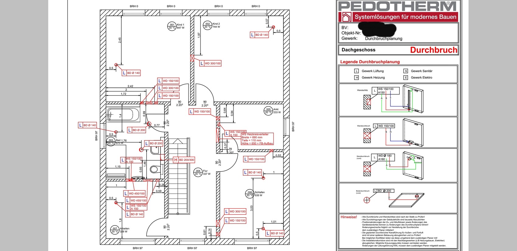 2D-Grundriss eines Hauses mit Durchbruchplanung im Dachgeschoss