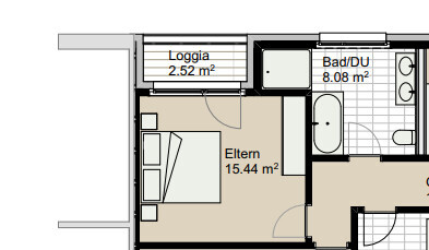 Grundriss eines Wohnhausplans mit Elternschlafzimmer, Bad und Loggia