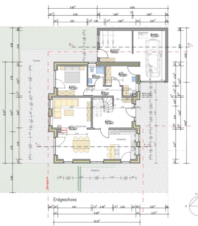 Grundriss eines Hauses im Erdgeschoss mit Wohnzimmer, Küche, Essbereich, Terrasse und Garage.
