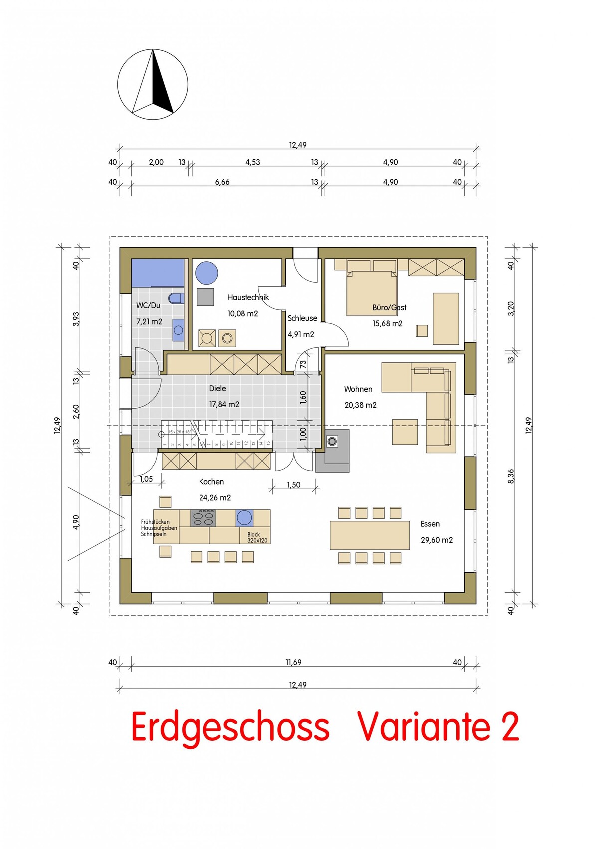 Erdgeschoss-Plan: Küche, Wohnen, Essen, Büro/Gast, Diele, Haus-Technik, WC, Schleuse.