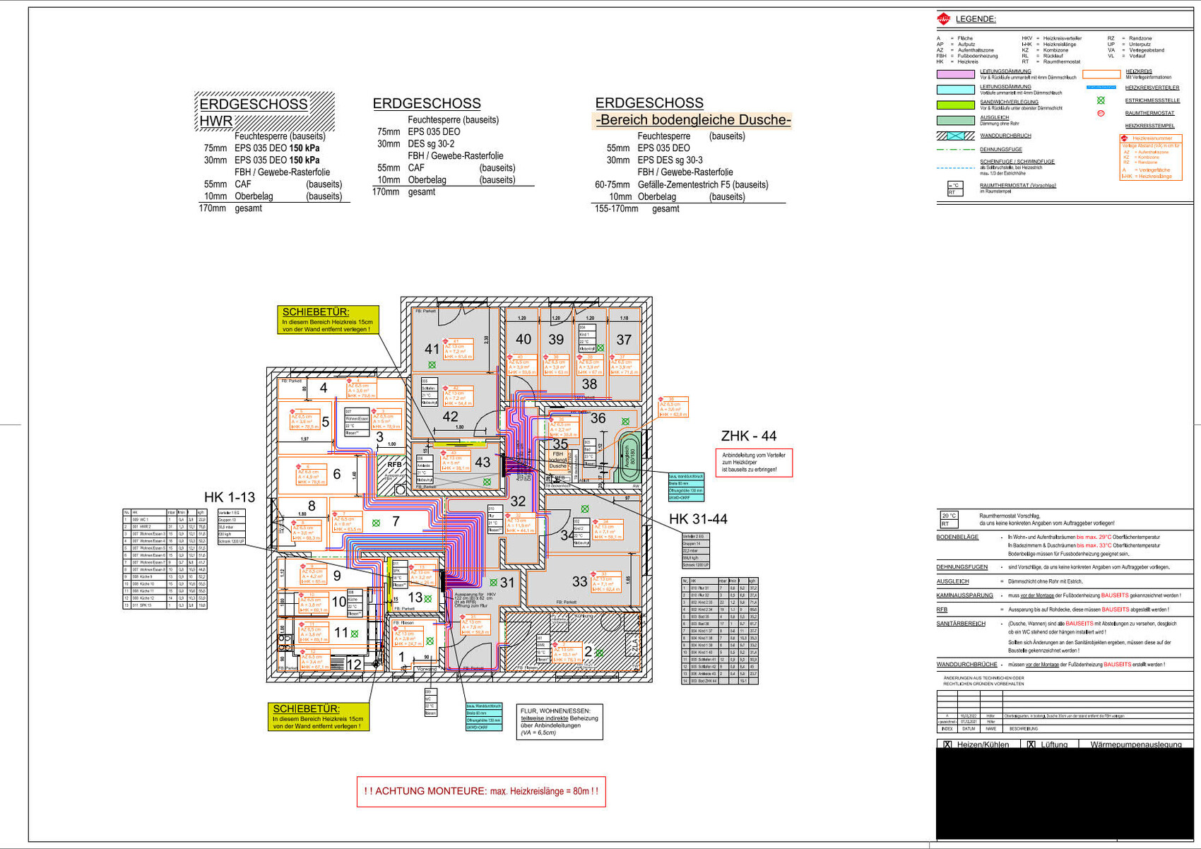 Detaillierter Grundrissplan des Erdgeschosses mit Raumnummern und Haustechnikverlauf.