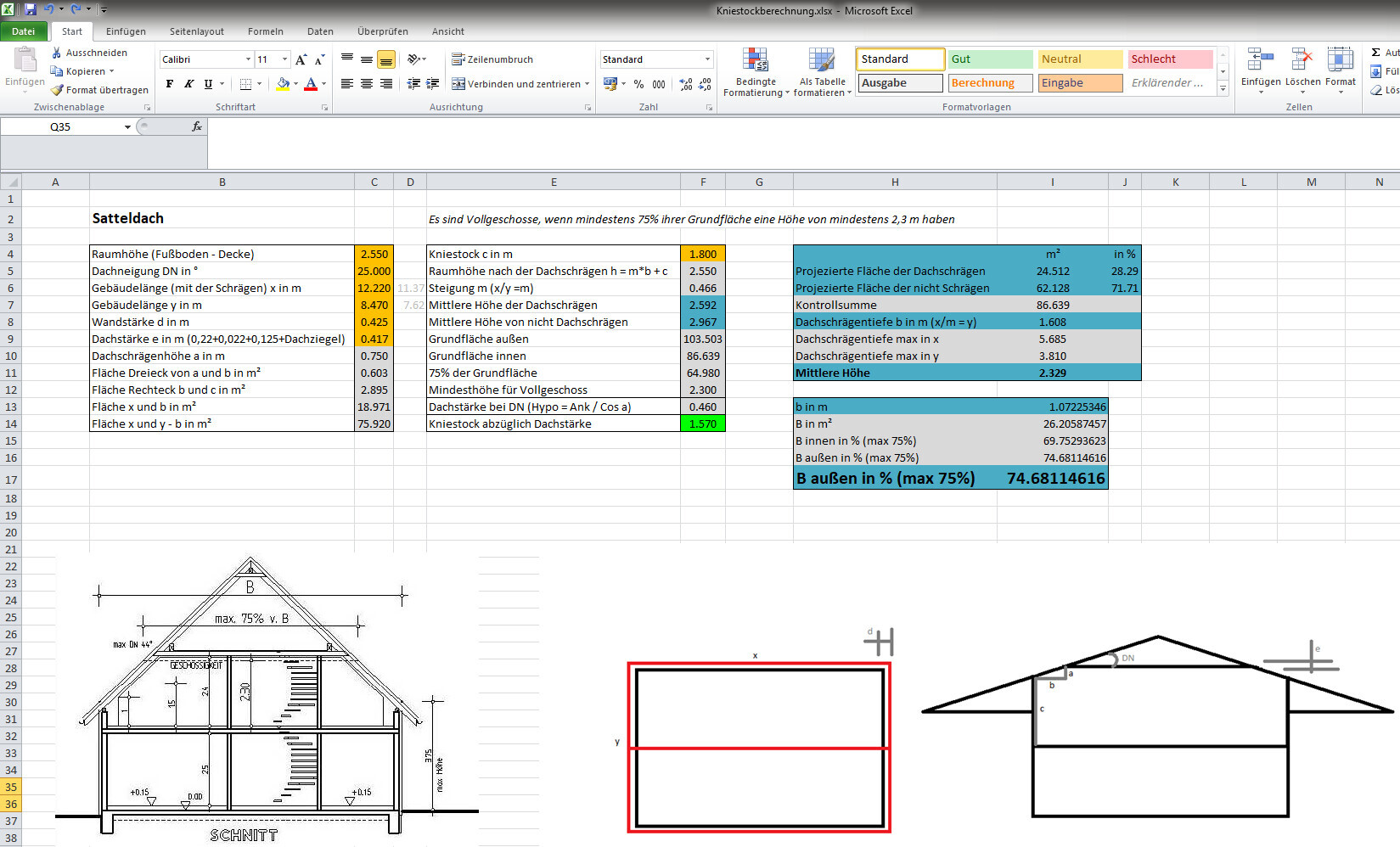 Architekturzeichnungen und Tabellen in Excel zeigen Grundrissplanung eines Hauses