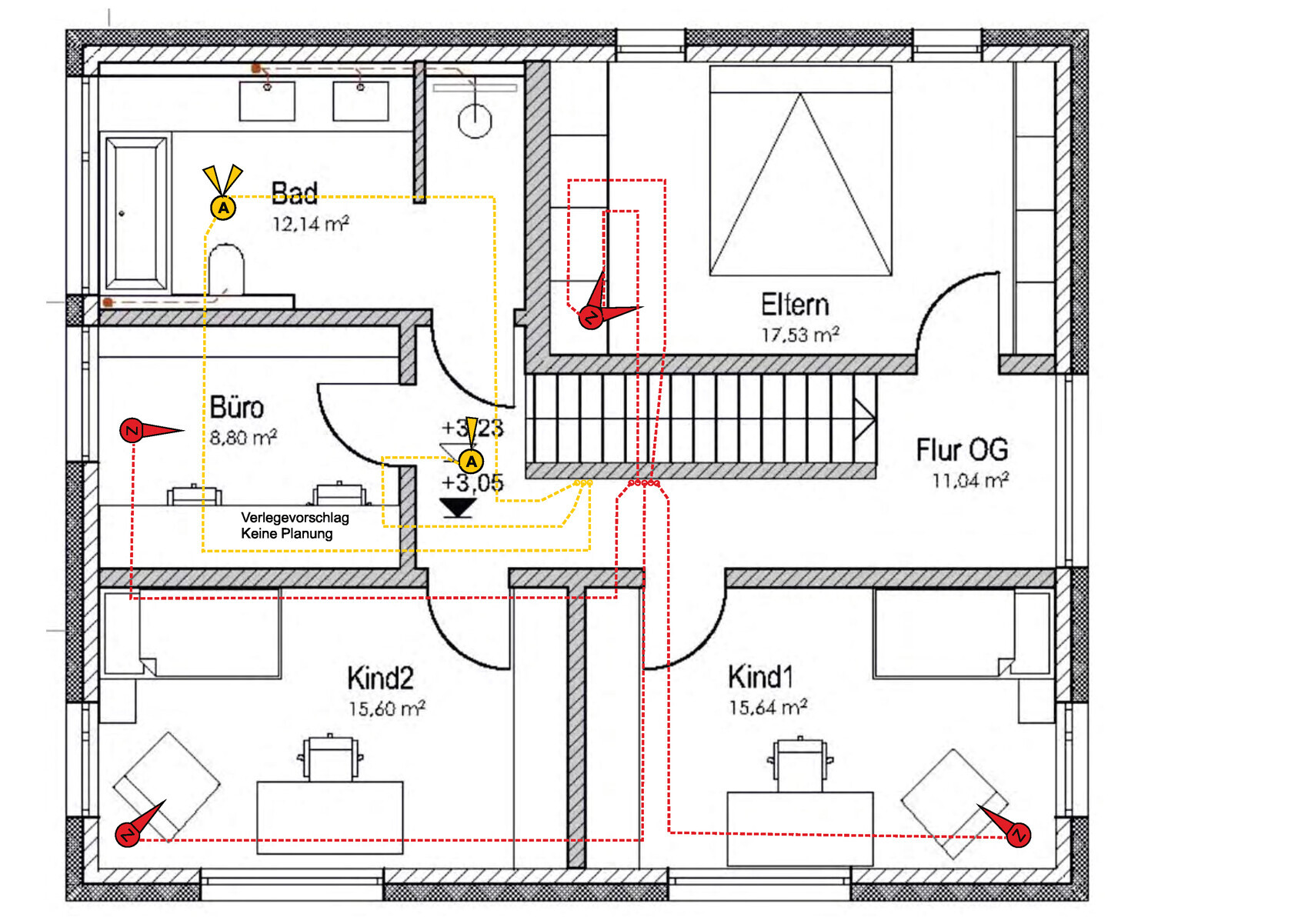 Grundrissplan eines Familienhauses mit Bad und Kinderzimmern, Büro und Treppenbereich