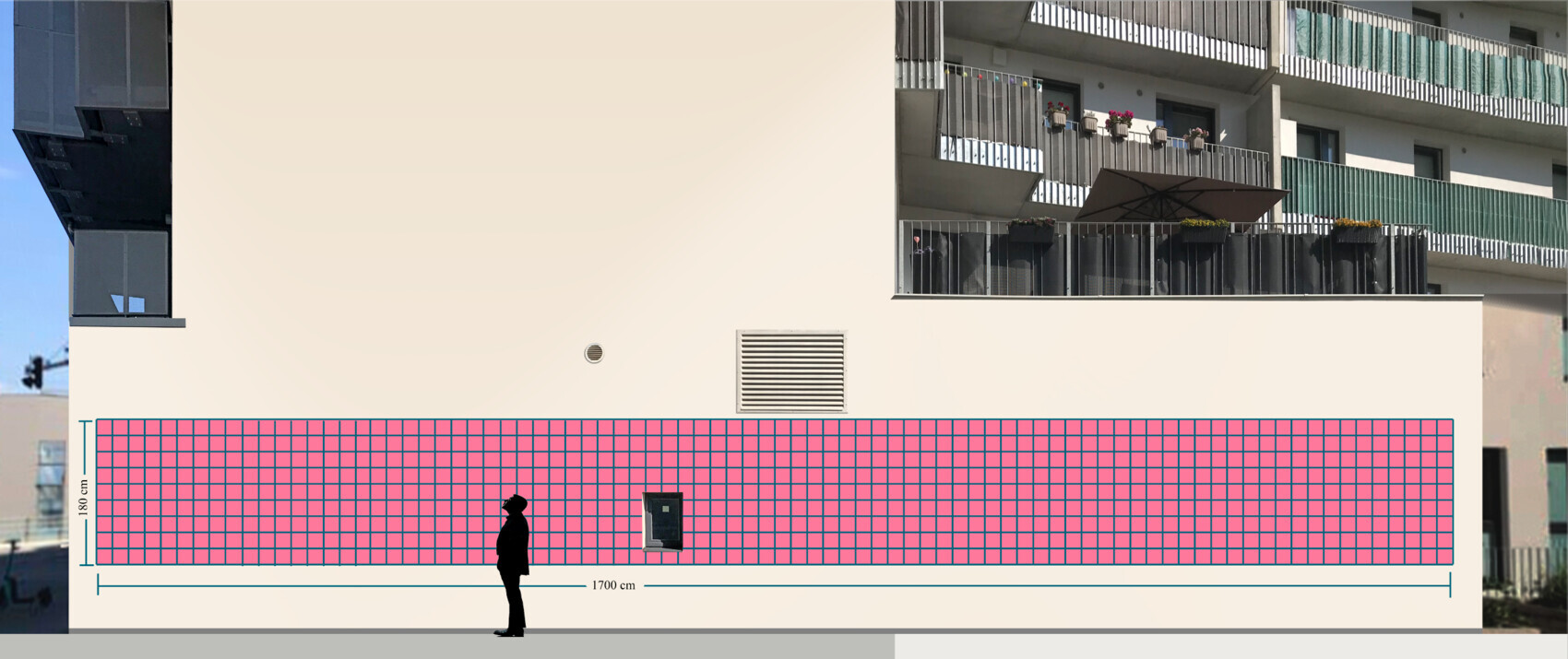 Außenansicht eines Gebäudes mit Balkon und pinkem Grundriss-Raster.