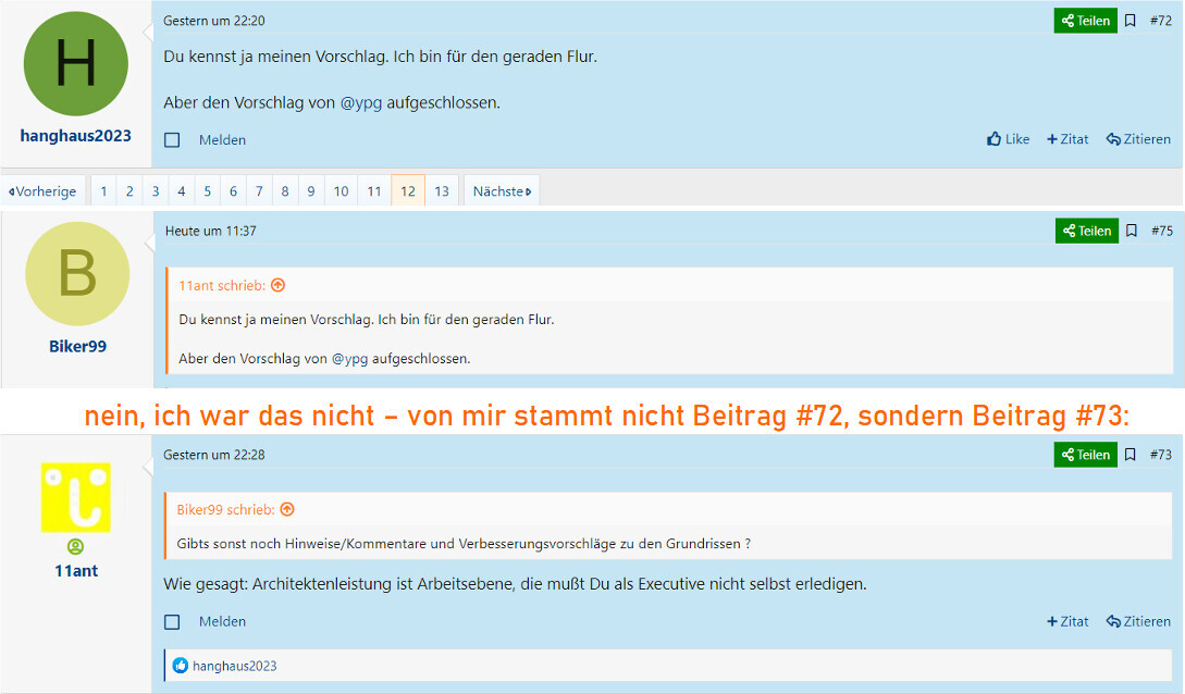 Forum-Thread mit drei Beiträgen; orange Textzeile: Nein, ich war das nicht – Beitrag 72/73