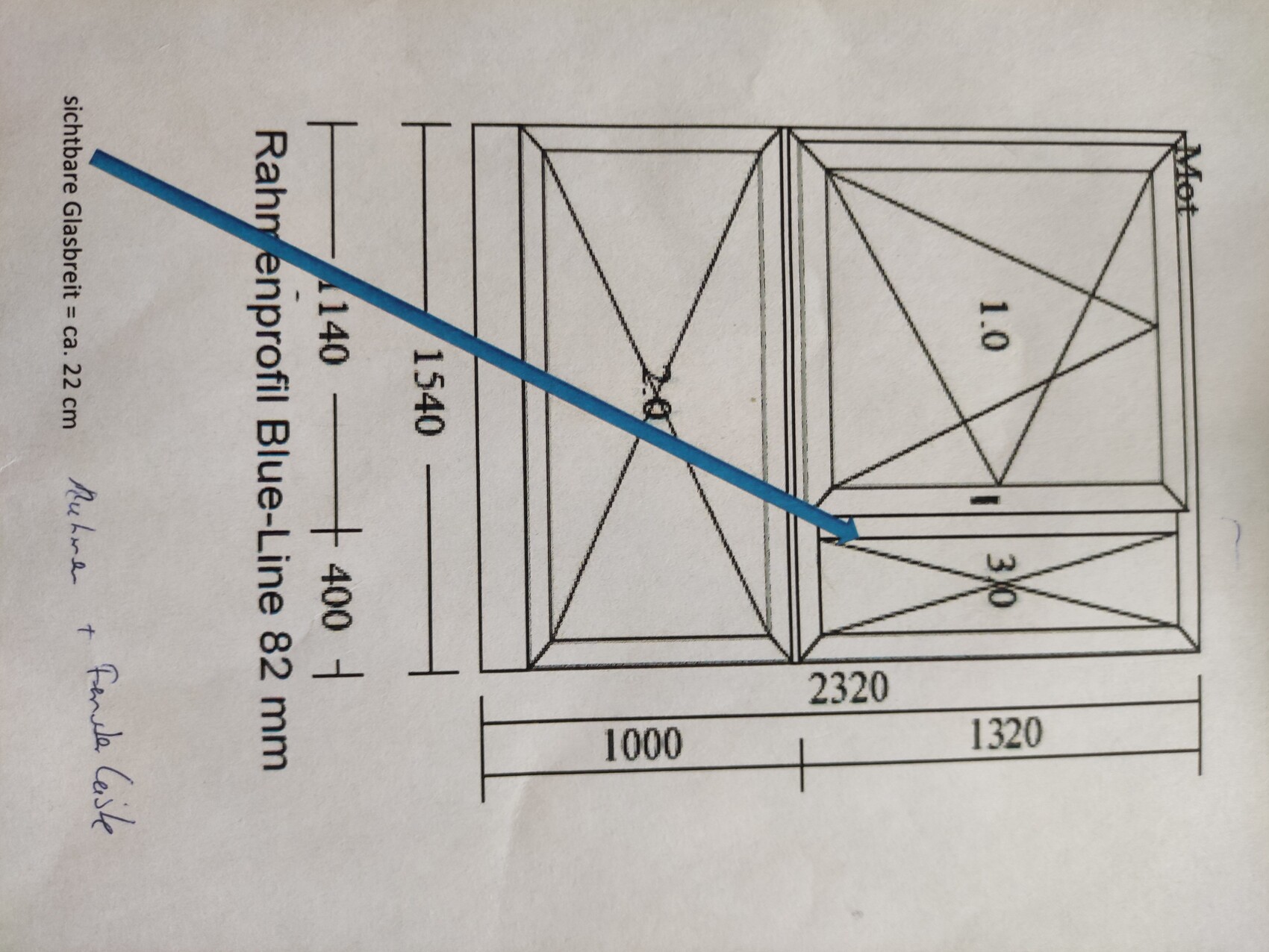 Technische Zeichnung eines Schranks mit Kreuzstreben, Maße 2320 mm Breite, blaue Diagonale.