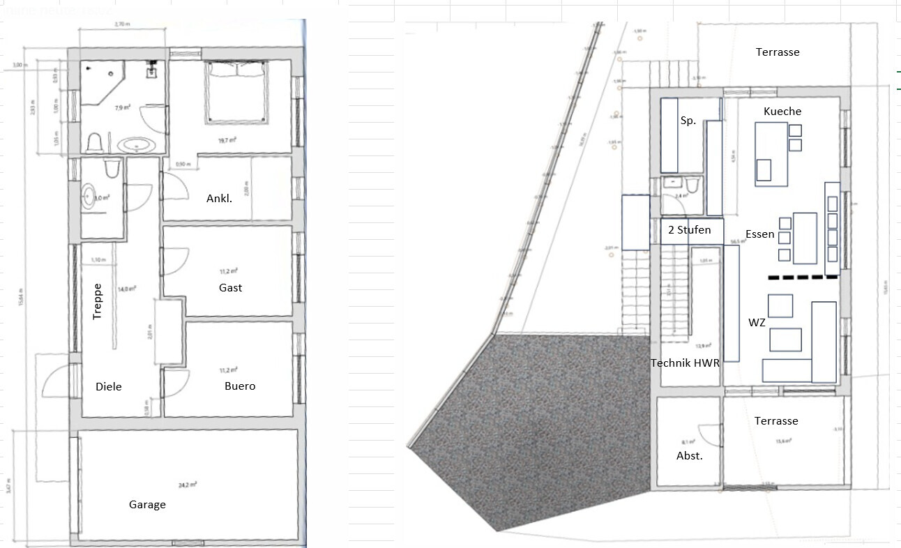 Zwei Grundrisse eines Hauses: links Garage, Diele, Treppe, Gast; rechts Küche, Essen, WZ, Terrasse.