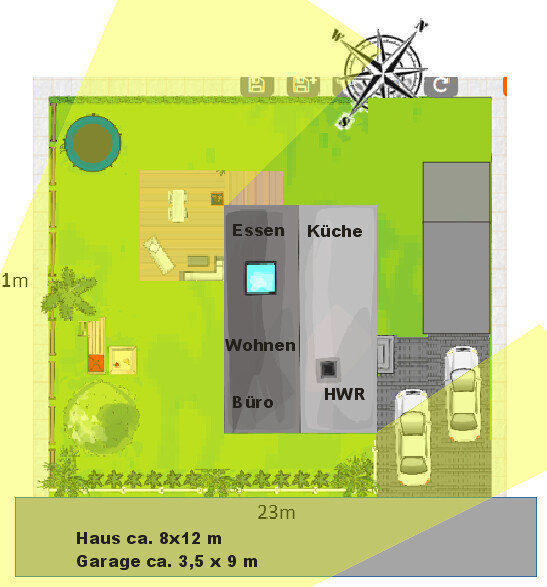 Top-Down-Grundriss: Haus mit Essen, Küche, Wohnen, Büro, HWR; Garage; Garten mit Pool.