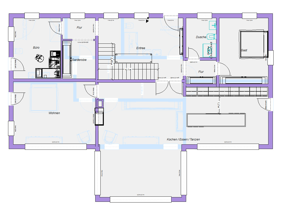 Grundriss eines Hauses: Büro, Wohnen, Küche/Essen/Tanzen, Gästezimmer, Bad, Dusche, Flure.
