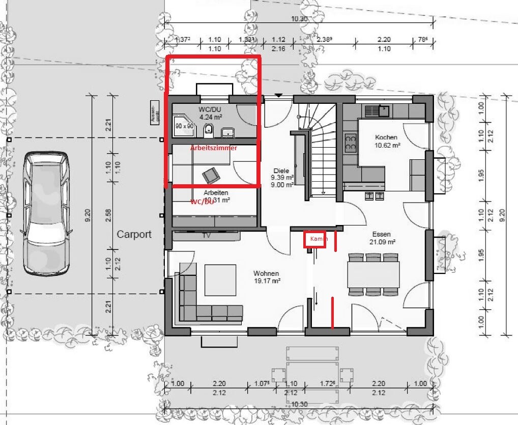 Grundriss eines Einfamilienhauses mit Wohnbereich, Küche, Essen und Carport.