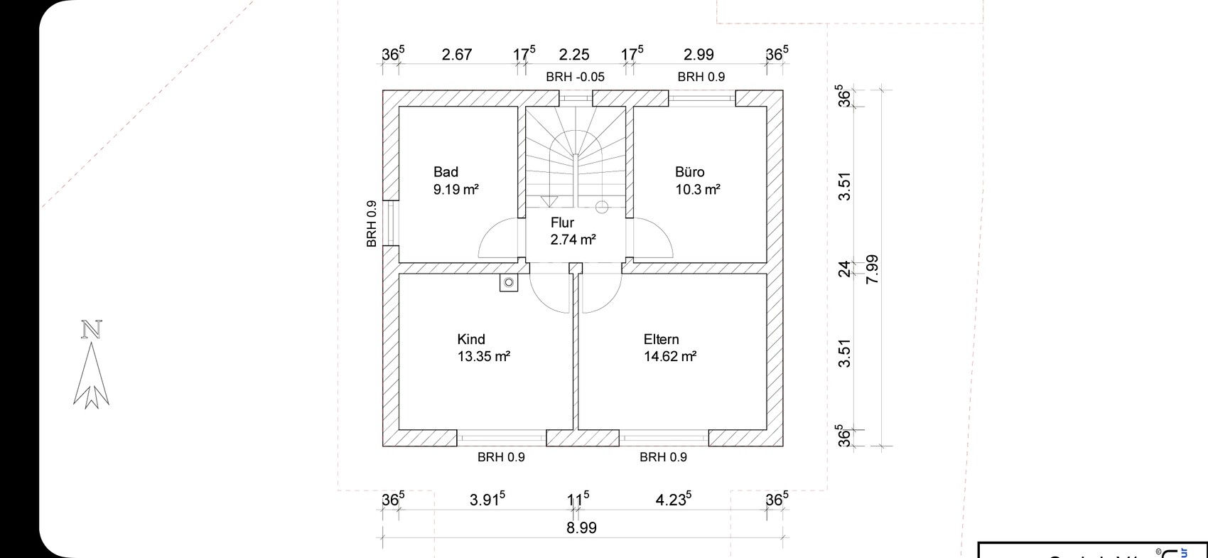 Grundriss eines Hauses mit Bad, Büro, Kind, Eltern und Flur um zentrale Treppe.