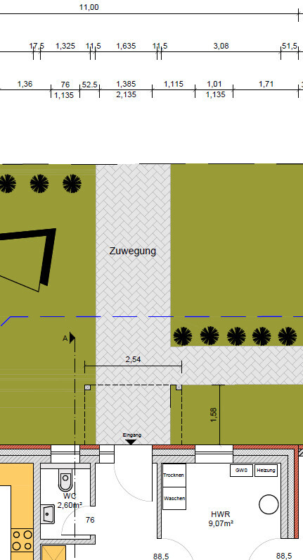 Grundriss eines Hauses mit Zuwegung, Eingang, HWR und WC.